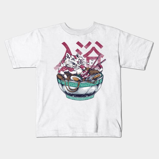 Yakuza ramen cat Kids T-Shirt by secondsyndicate